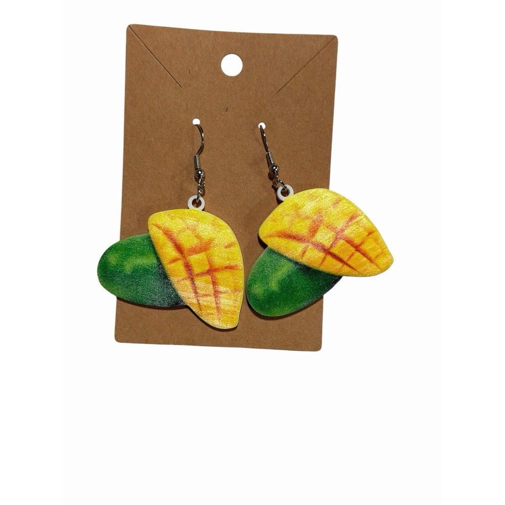 Mango Fruit Dangle Earrings Tropical Food Jewelry Yellow Green Novelty Statement